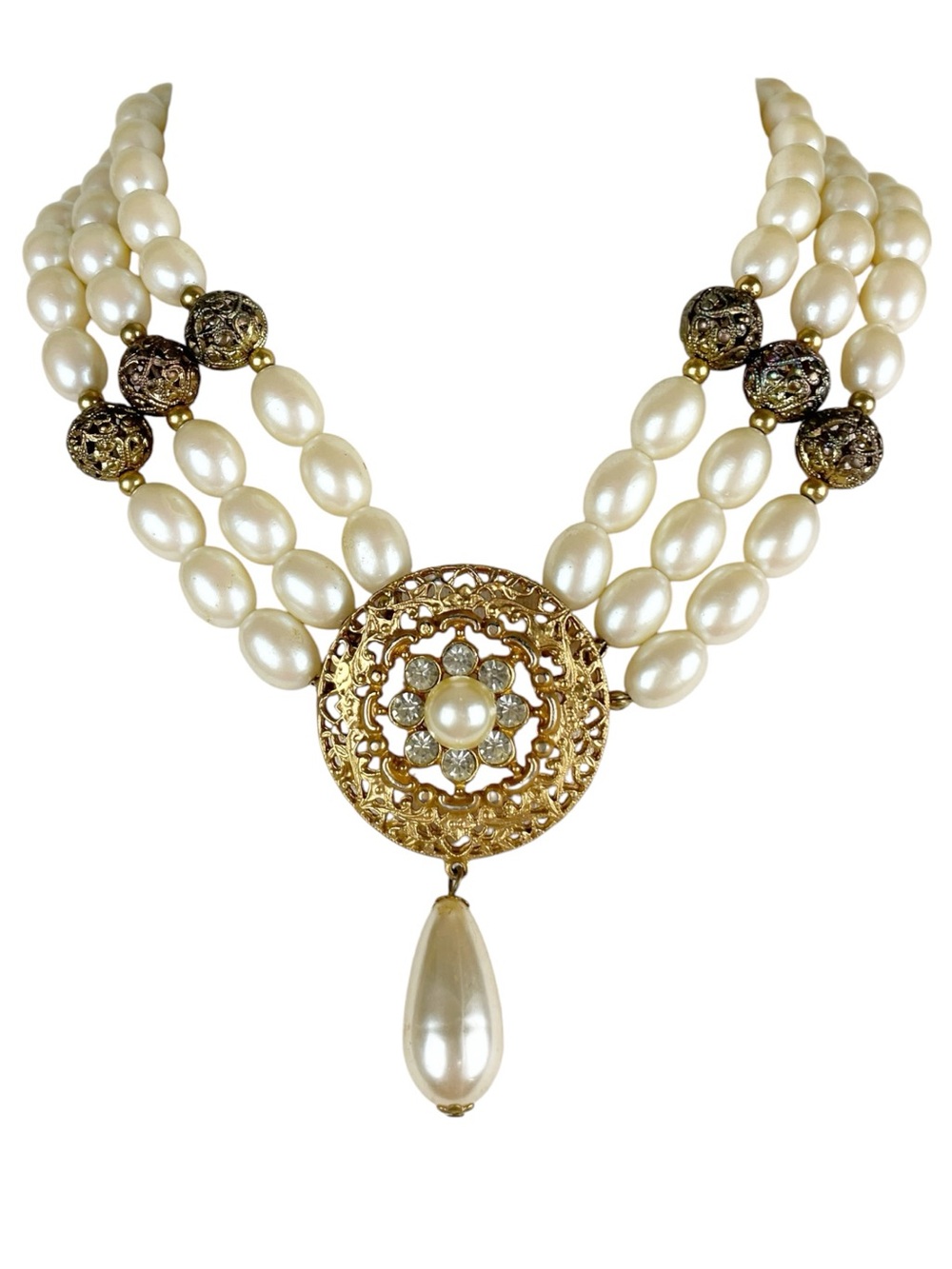 Vintage Triple Strand Faux Pearl Choker Teardrop Necklace Coquette Regency Glam